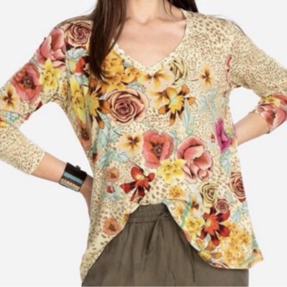 JOHNNY WAS Top Sz S V Neck Floral HERA Favorite Long-Sleeve Swing Tee Shirt